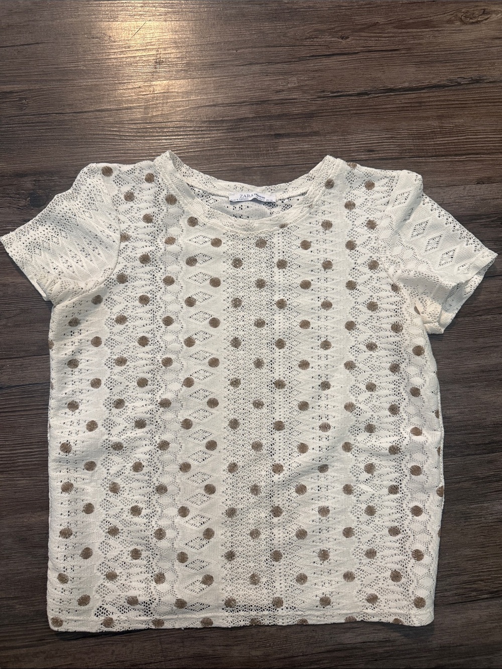Zara Cream Lace Short Sleeve Tee with Brown Polka Dots